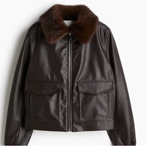 H&M Dark Brown Faux Leather Bomber Jacket with Fur Collar